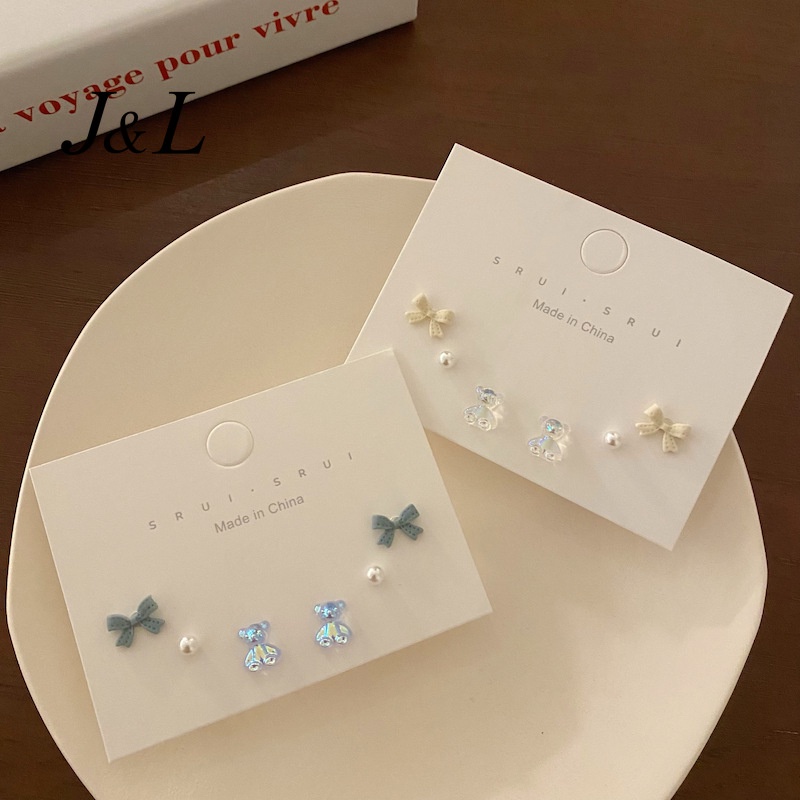 6pcs / Set Anting Tusuk Bentuk Beruang / Pita / Mutiara Bahan Resin Untuk Wanita