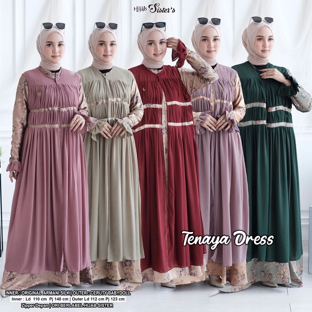 Hijab Sisters Tenaya Dress Maxi Outer Jumbo Satin Silk Motif Print Gamis Muslim Wanita LD 110 Busui