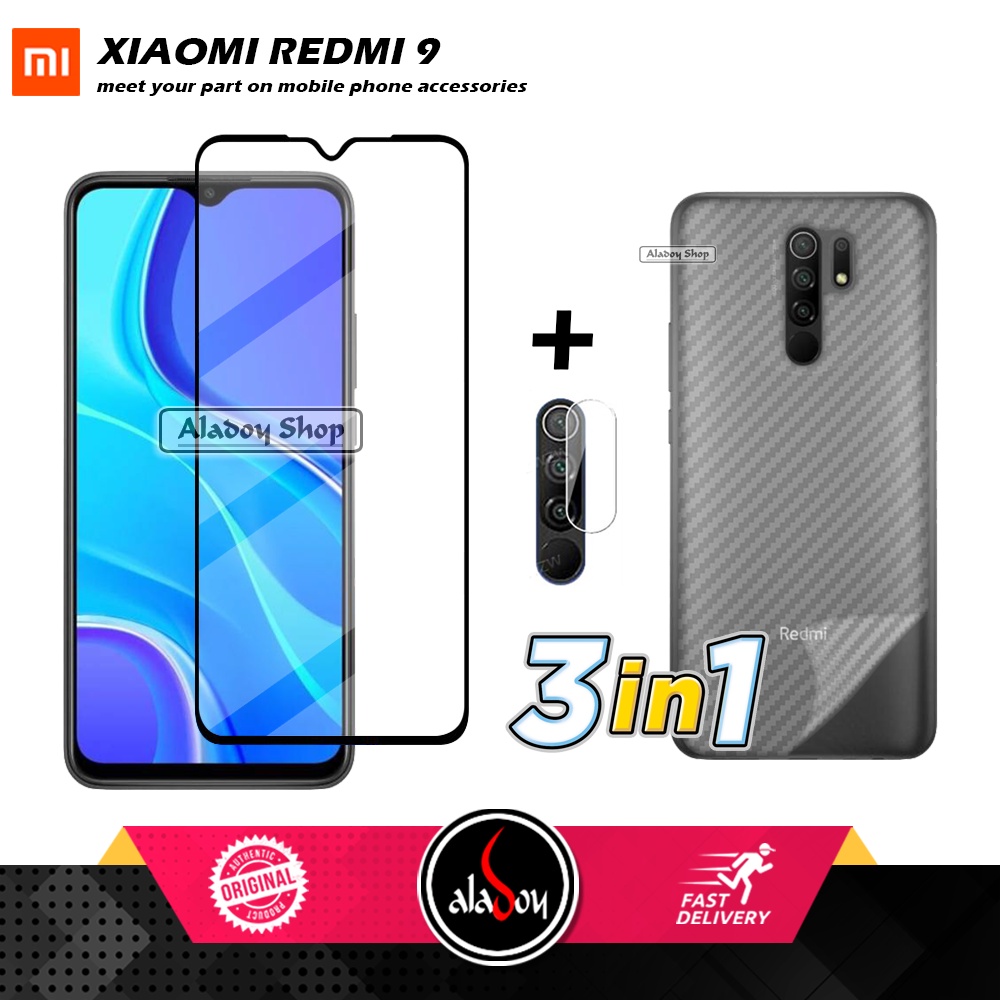 PAKET 3 IN 1 Tempered Glass Layar Xiaomi Redmi 9 Free Tempered Glass Camera Lens dan Skin Carbon 3D