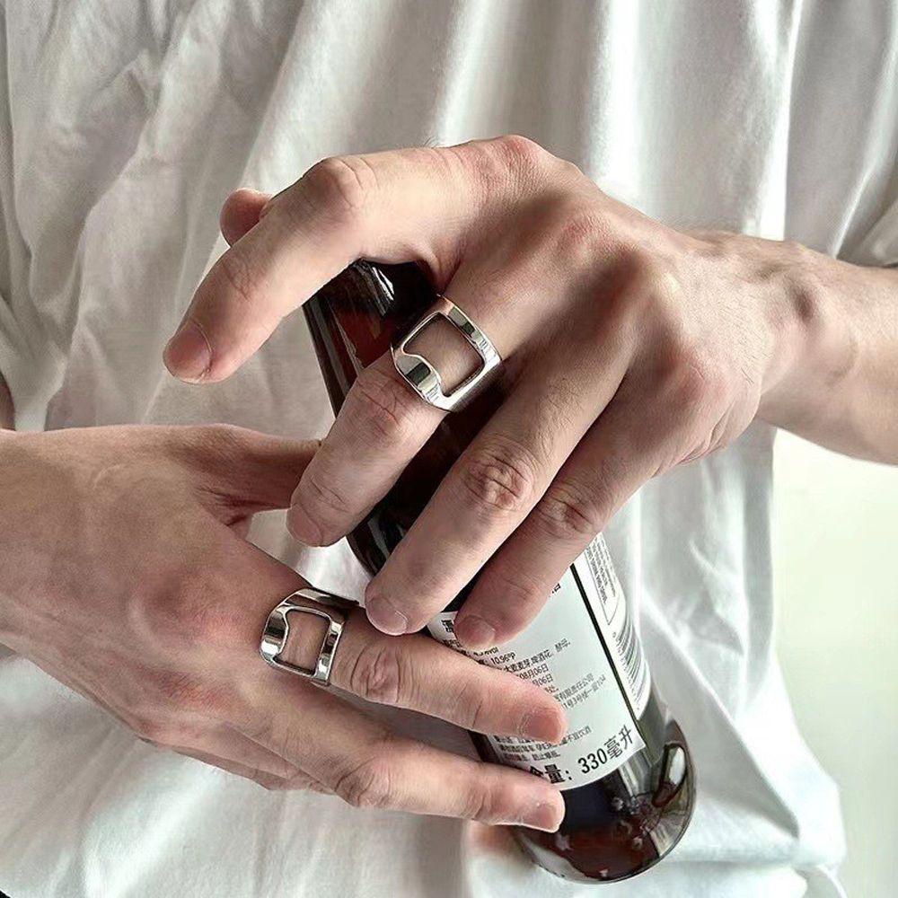 NEEDWAY Man Cincin Hadiah Temperamen Vintage Geometri Punk Cincin Stainless Steel Fashion Perhiasan Unisex Pembuka Botol Bir