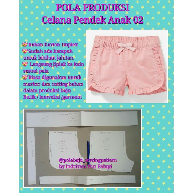 POLA PRODUKSI CELANA PENDEK ANAK 02 - Pola celana pendek ruffle anak - hotpants sewing pattern