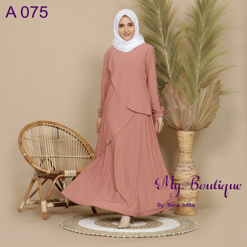 My Boutique Fashion Gamis A075 Salem Polos Stella Crepe Premium LD 110 PB 137 Tangan Karet