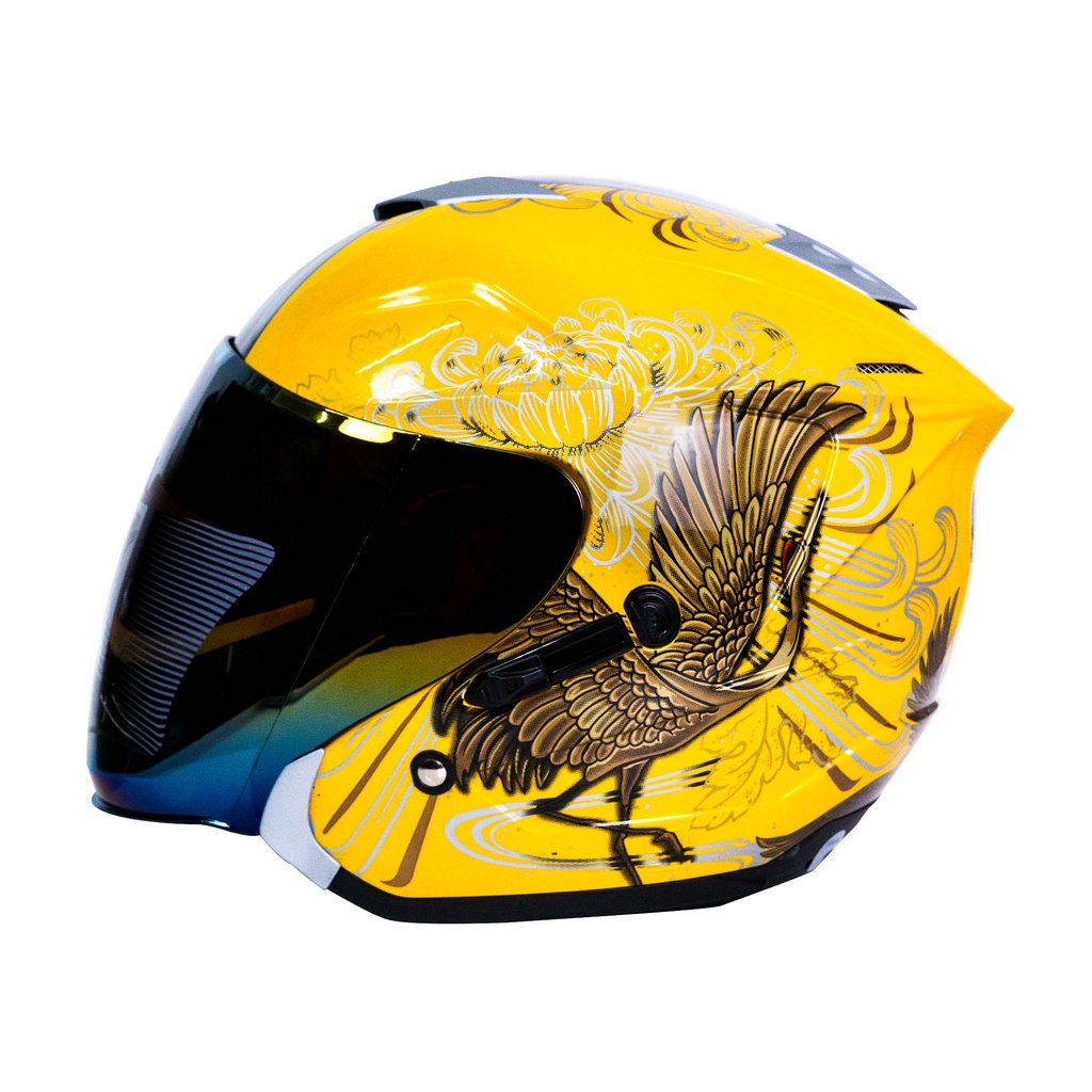 Helm KM7 angsa/swan SNI dewasa double visor half face / Helmet KM7 SEVEN KING YELLOW GLOSSY GOLD