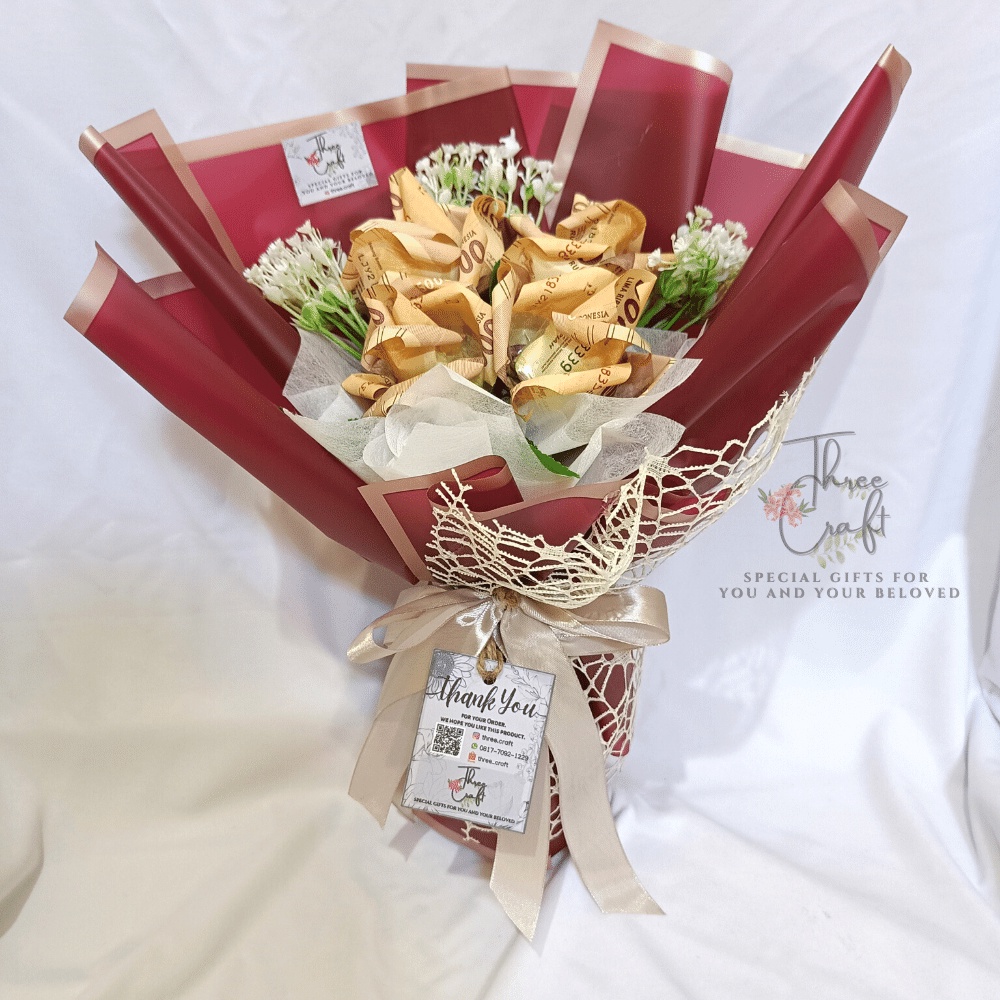 THREE.CRAFT_Buket Uang Asli Bentuk Mawar (3 lembar uang per tangkai bunga) *KHUSUS PECAHAN Rp 1.000 