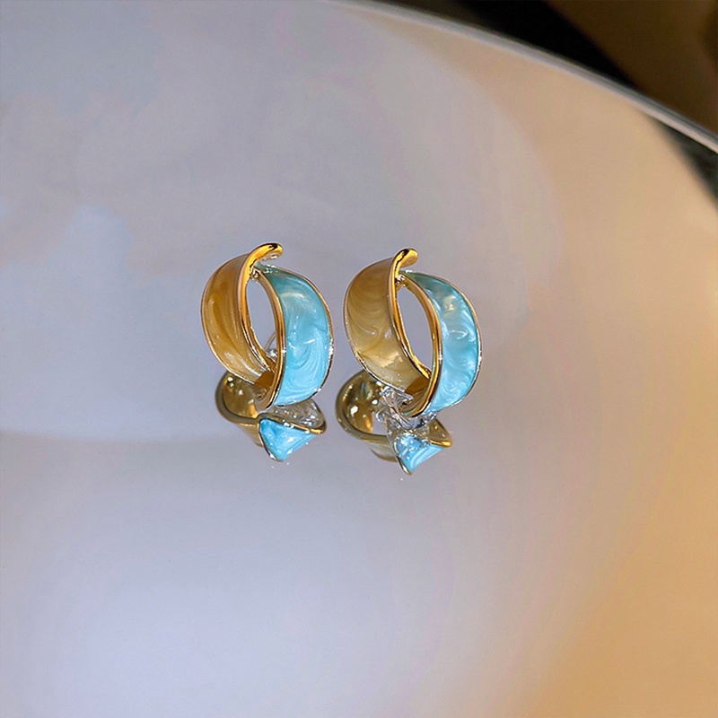 Anting Menjuntai Bentuk Busur Geometris Warna Biru Kontras Gaya Vintage Untuk Wanita