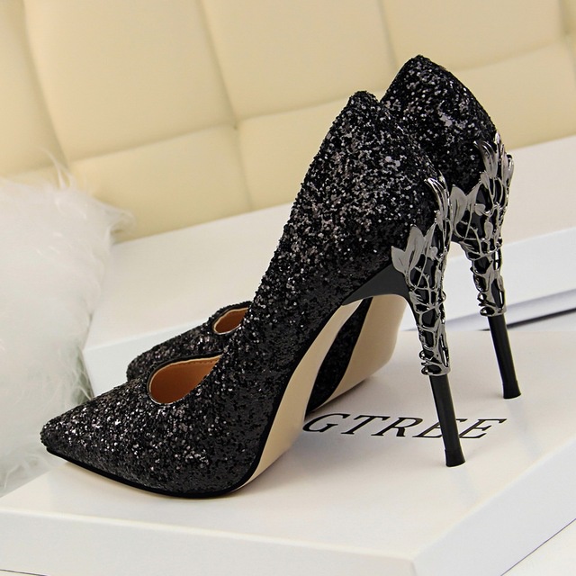 black sequin platform heels