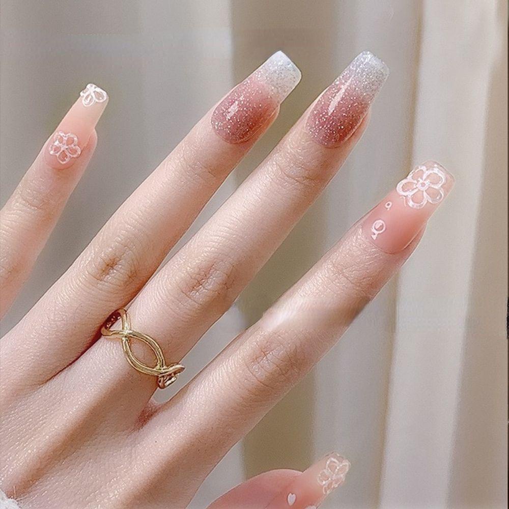 AUGUSTINA Agustina Bunga Sakura Stiker Kuku Putih Elegan Kaca Bunga Kuku Kecantikan Hiasan Kuku Salon Kuku DIY Hiasan Nail Art