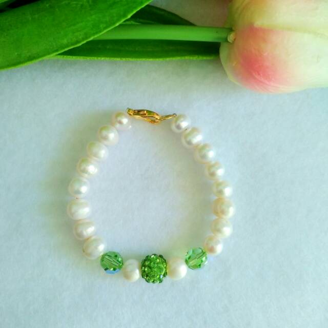 gelang Mutiara Air Tawar Asli Kombinasi kristal swarovski