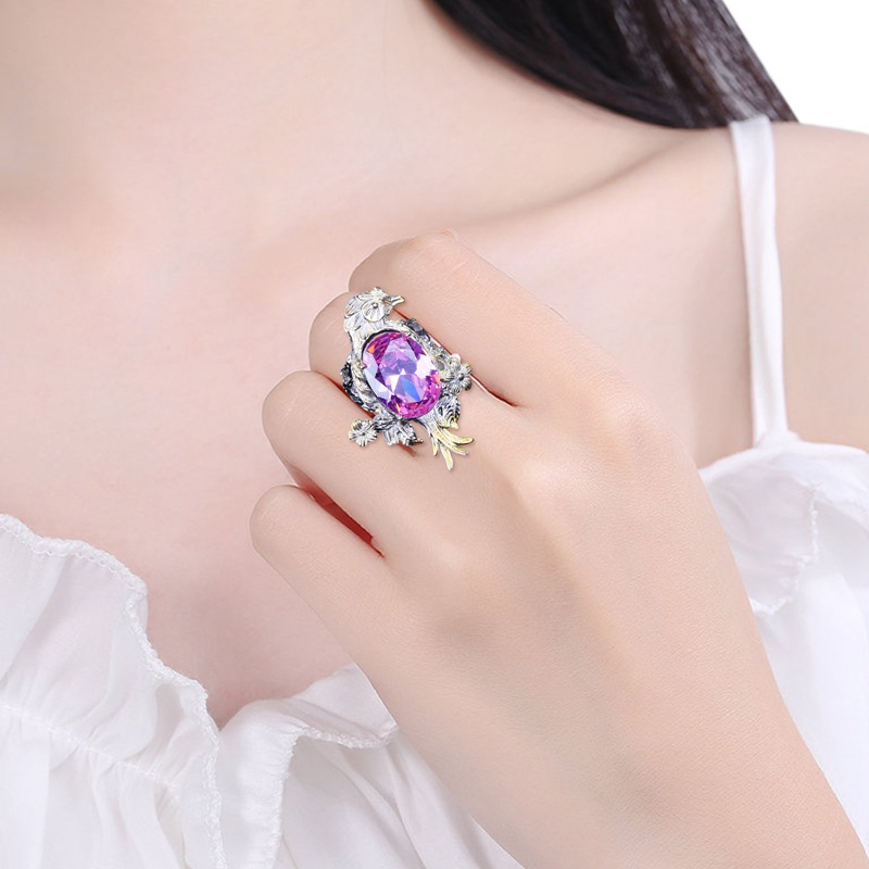 Fancyqube Cincin Model Terbuka Desain Elang Hias Kristal Berlian Warna Kuning Merah Muda Gaya Italia Retro Untuk Wanita