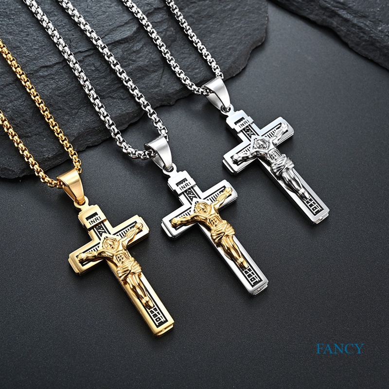 Kalung Rantai Liontin Salib Yesus Bahan Stainless Steel Warna Emas Untuk Pria