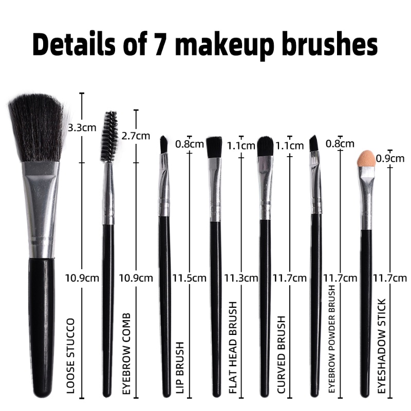 7pcs / Set Brush Foundation / Blush On / Concealer / Eyeshadow Dengan Bulu Lembut Warna Hitam