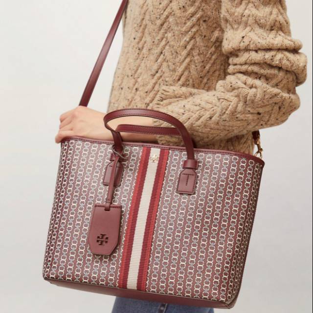 Tory Burch Gemini Link Canvas Small Tote totebag tas original asli royal burgundy merah red maroon