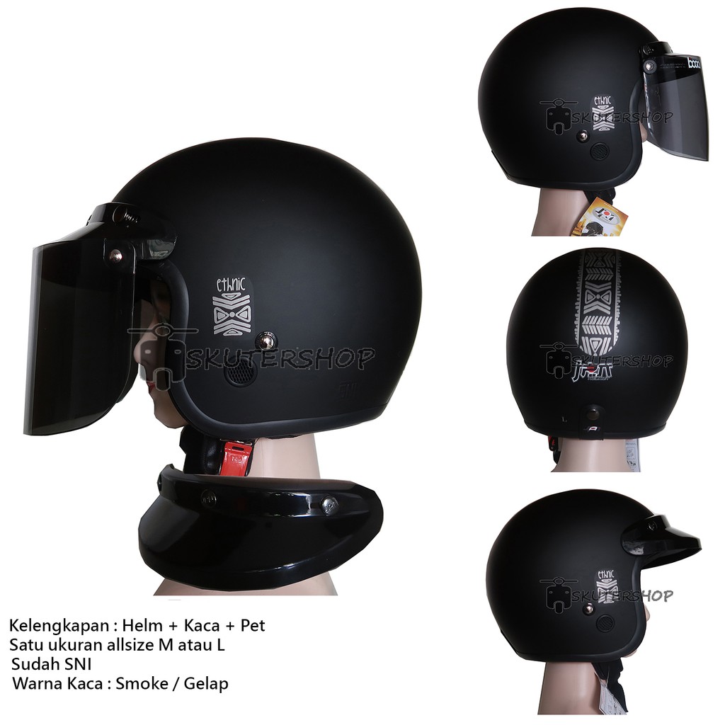 Helm Bogo Retro Klasik JPN Jap Style Monsa 01 Medium Hitam Doff Motif Etnic + Pet + Kaca Datar Ori