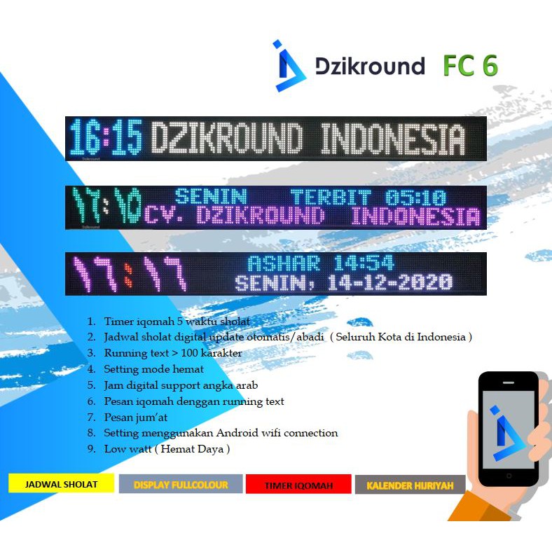 DZIKROUND FC6 Jam Digital Jadwal Sholat masjid Ukuran 20cmx200cm