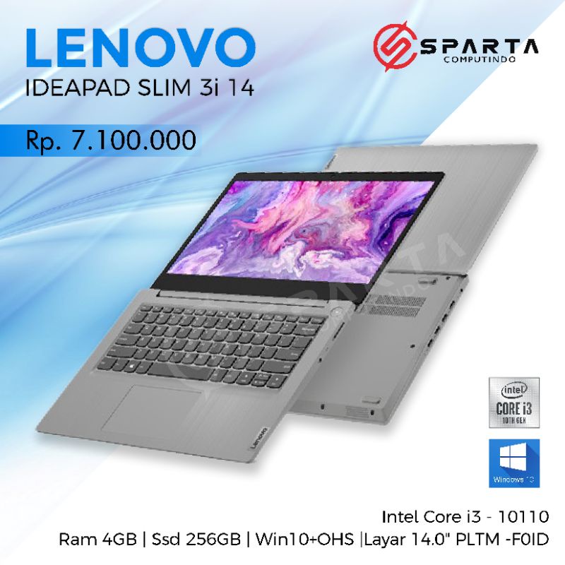 Laptop Lenovo ideapad Slim 3i 14 Intel i3 Gen 10 RAM 4 GB SSD 256 GB New Murah Bergaransi