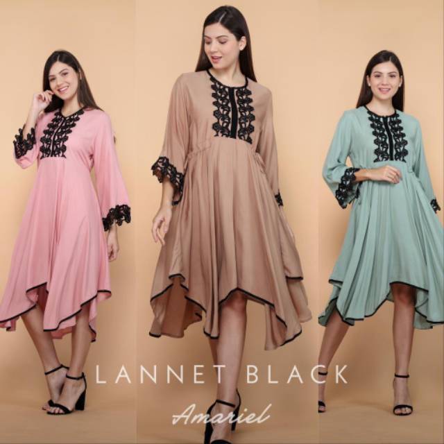 Daster arab AMARIEL LANNET BLACK Dress Rayon Midi Tunik Mewah Kekinian