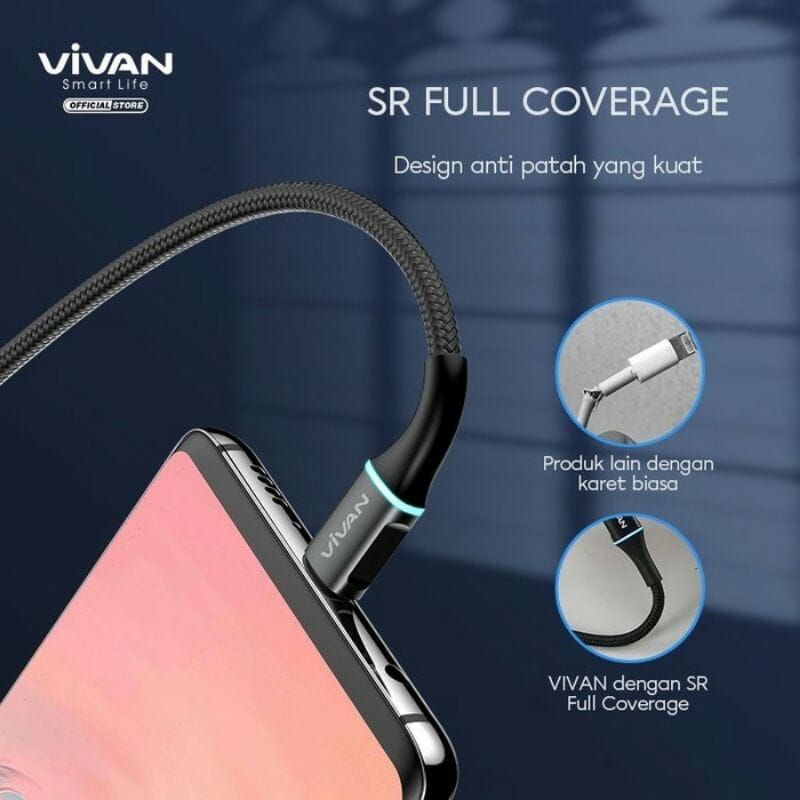 [Vivan V-DC] Kabel Data Usb Type C Quick Charger 3A Smart Colourfull LED