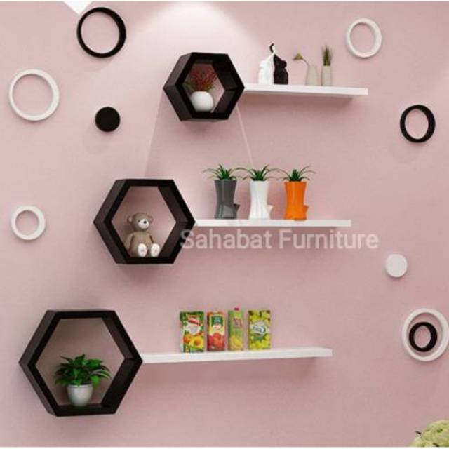 Rak dinding segi enam Hexagonal 3 pcs + ambalan 3 pcs