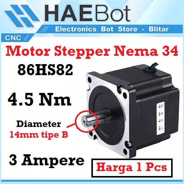 [HAEBOT] Motor Stepper Nema 34 86HS82 4.5Nm 82mm 4.5A Shaft 14mm CNC Laser Router Plasma Milling High Torque Mesin Robot Induksi Slider Mekanik Bipolar 2 Phase Fasa Coil Dinamo Penggerak