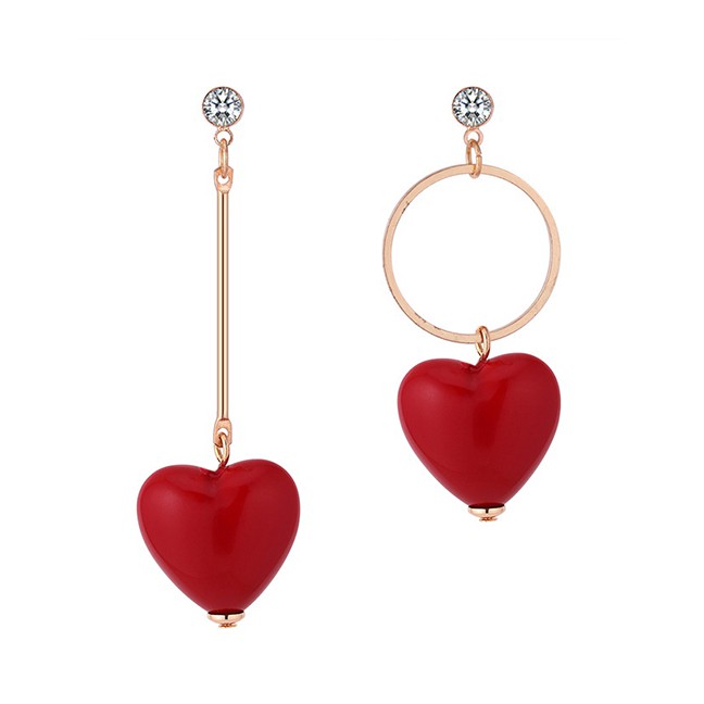 LRC Anting Tusuk  Fashion Red Heart Shape Decorated Earrings