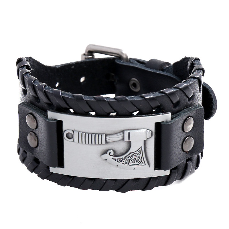 [Z H Perhiasan] Hip Hop Rock Retro Pria Fashion Stainless Steel Viking Rune Gelang Kulit Pesta Perhiasan Aksesoris