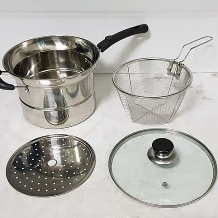 Deep Fryer Pan 3 In 1 Stainless Steel Pot Rebus - Panci Goreng - Wajan Kukus 22 Cm