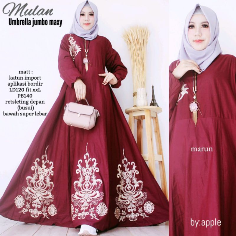 Gamis Katun Umbrella Jumbo Mulan Maxy Gamis Bordir LD 120