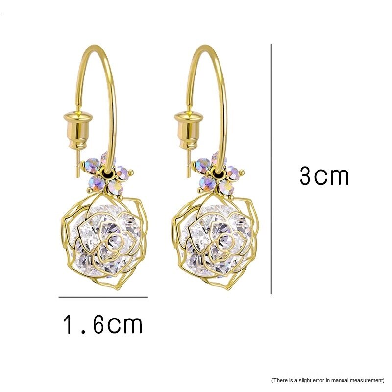 Anting Stud 925 Silver Needle Zircon Bentuk Bunga Mawar Model Hollow Gaya Korea Untuk Wanita