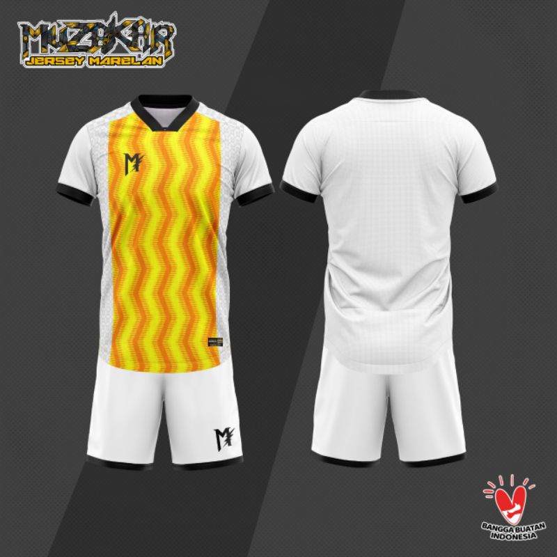 MUZAKAR Baju Futsal Setelan Stelan Jersey Premium Bola Putih Kuning,  Bisa Sablon
