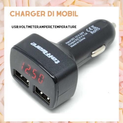 Car Charger Casan Di Mobil 4 in 1 USB, Ampere,Voltmeter,Temperatur