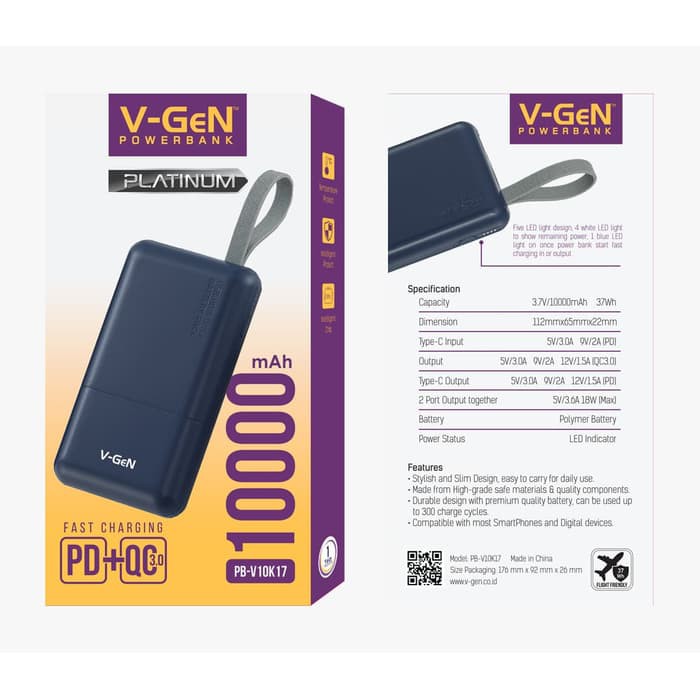 Powerbank V-GeN V10K17 10000mAh QC 3.0 Fast Charging PD Type C Input