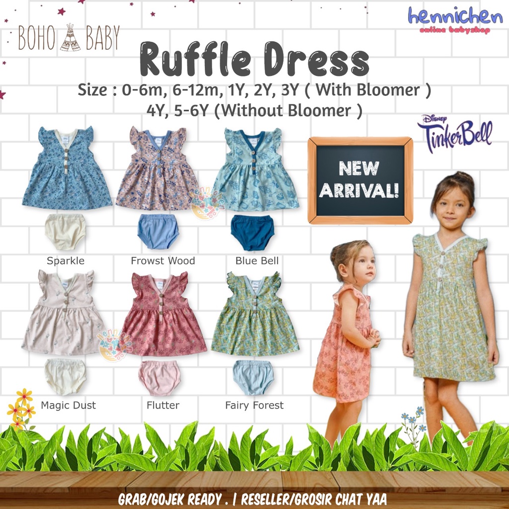 BOHO BABY RUFFLE DRESS PRINT DISNEY TINGKER BELL ROK ANAK DRESS BAYI DRESS ANAK PEREMPUAN BOHOBABY BOHOPANNA