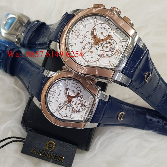 Jam Tangan Couple Aigner Palermo A58500 Swiss Made Blue White Kulit