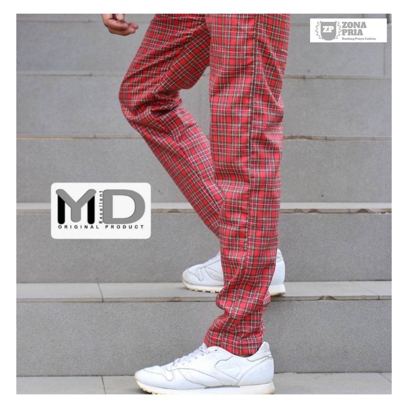 tartan pants red celana tartan merah model baru