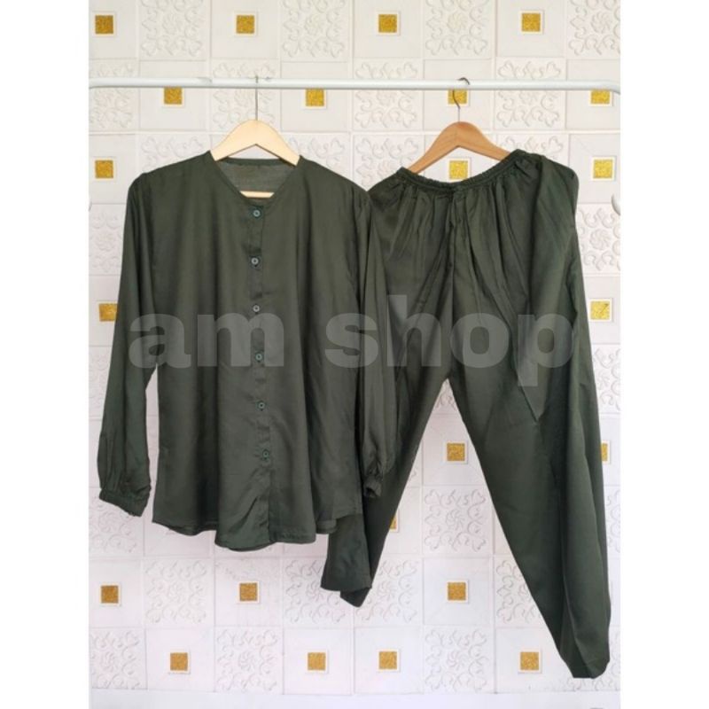 Pajamas Tangan Panjang / ONE SET PIYAMA OBLONG / SLEEPWEAR DAILY SET BEST SELLER RAYON POLOS PREMIUM-TPO ARMY
