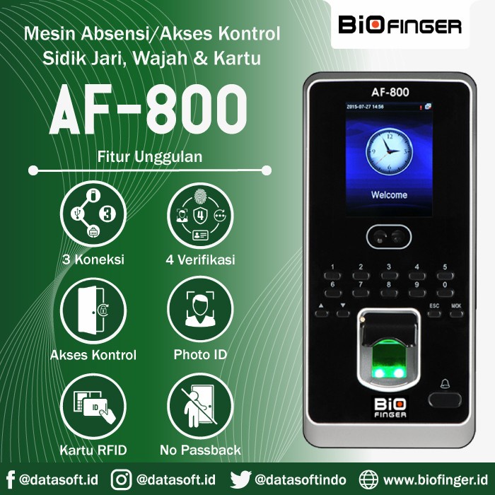 Mesin Absensi Wajah BioFinger AF 800, LAN, Kartu, Murah, Akses Kontrol