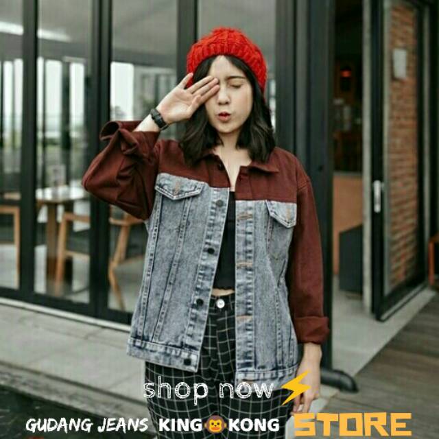 Jaket Jeans Kombinasi Maroon Two Tones