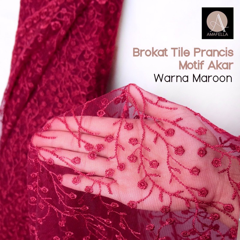 1/2 meter Kain Brokat Tile Prancis Bahan Kebaya Motif Akar Maroon