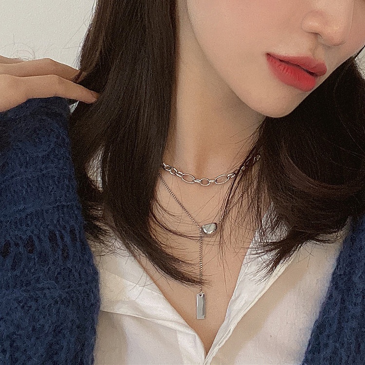 Kalung Rantai Double Layer Bahan Metal Gaya Retro Korea Untuk Wanita