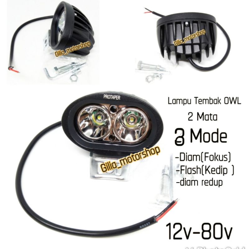 Lampu Tembak LED Sorot Cree Owl Protaper 2 Mata 3 mode 20 watt nyala putih universal Motor