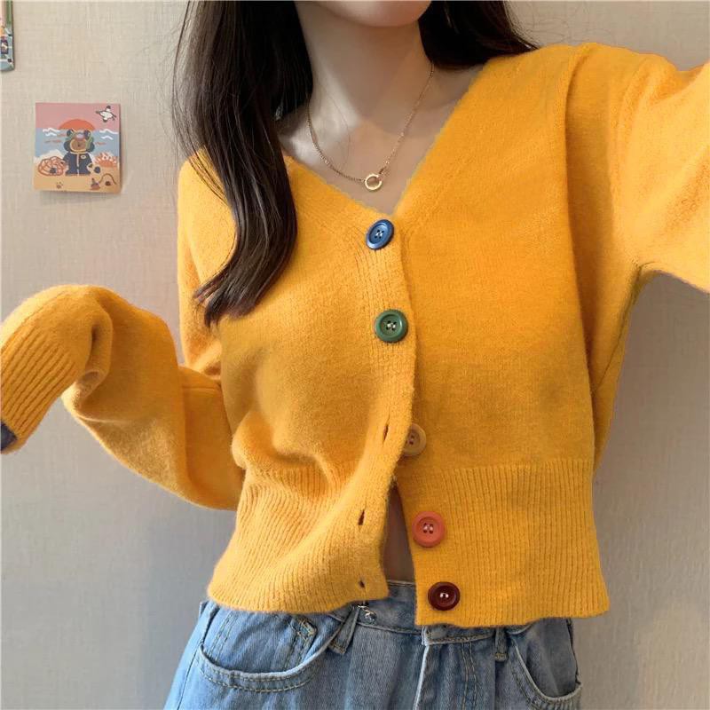 Pakaian Wanita Cardigan Rajut Halus BUTTON RAINBOW Cardy