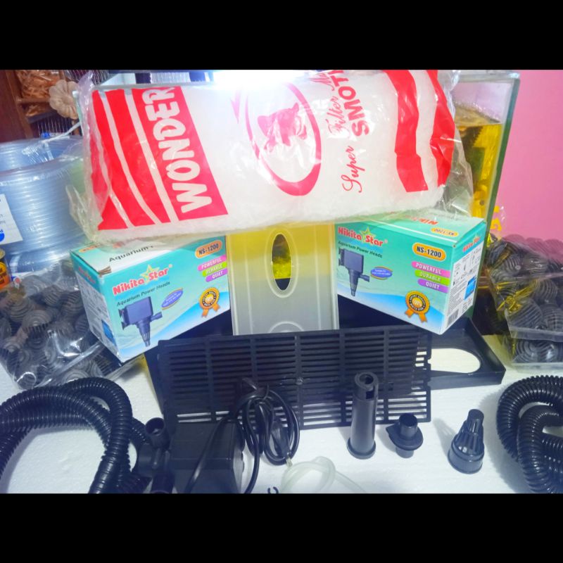 PAKET MURAH POMPA PEMBERSIH AQUARIUM NS 1200 MERK NIKITA STAR PLUS BOX FILTER DAN KAPAS PEMBERSIH DLL