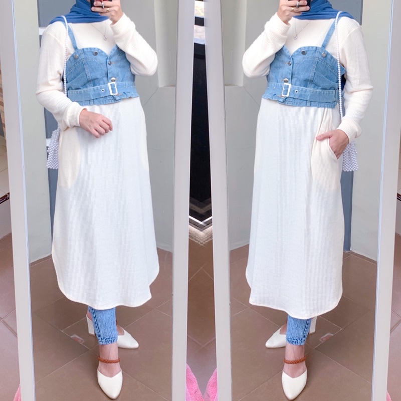 Long tunik rajut knit bahan uniqlo kombinasi vest rompi denim jeans