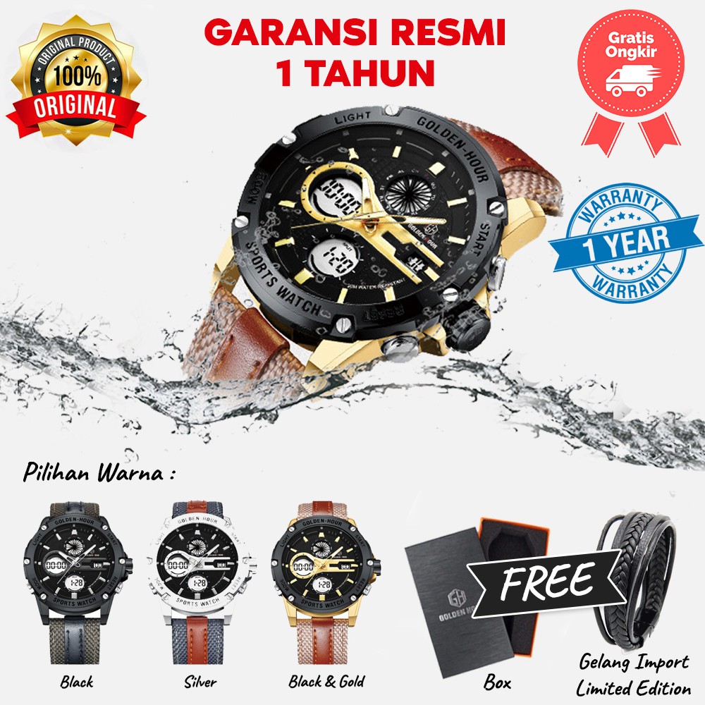 (FREE GELANG) Jam Tangan Pria Analog Golden Hour Sport Watch Anti Air & LED