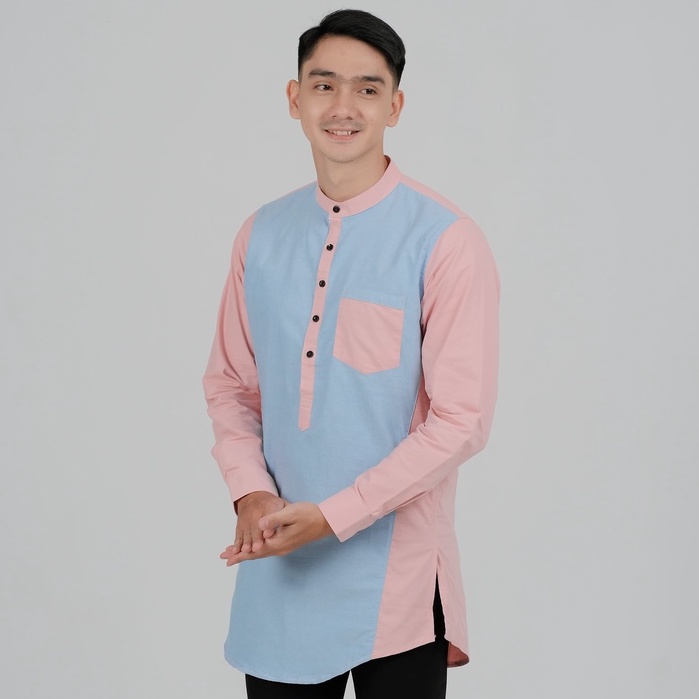 Erafez Koko Kurta Pria Pakistan Two Tone Soft Blue Kombi Pink Salem