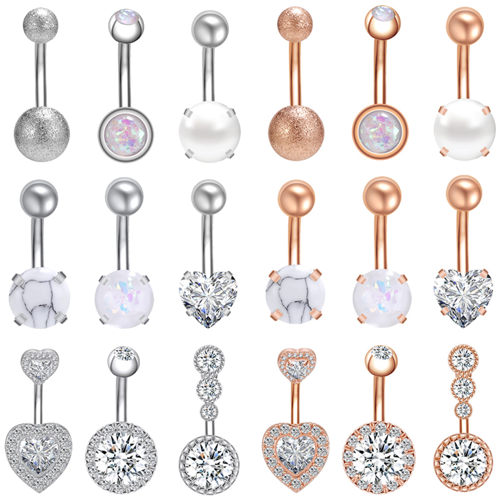 Crystal Navel Piercing Rose Gold Navel Rings Stainless Steel Navel Belly Rings Cubic Zircon Heart Belly Button Rings Body Piercing Jewelry