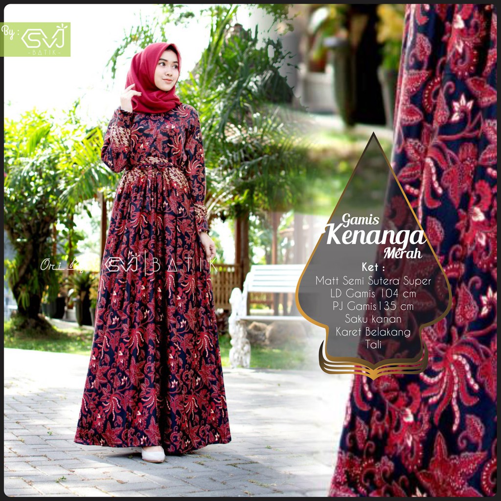 GAMIS BATIK WANITA DRESS BATIK SEMI SUTRA KENANGA MAROON ORIGINAL MURAH BERKUALITAS TERLARIS