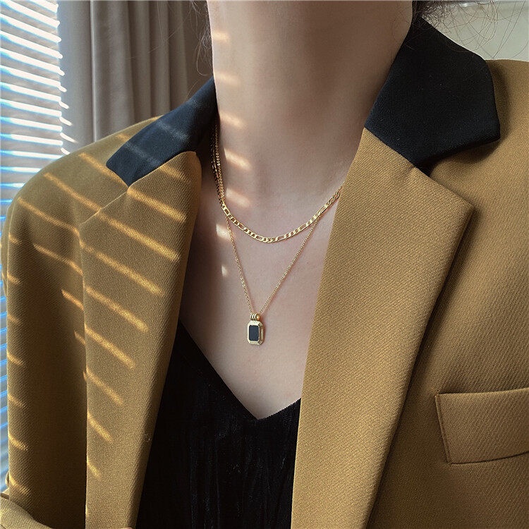 Kalung dua layer liontin hitam titanium anti karat harga grosir bisa COD