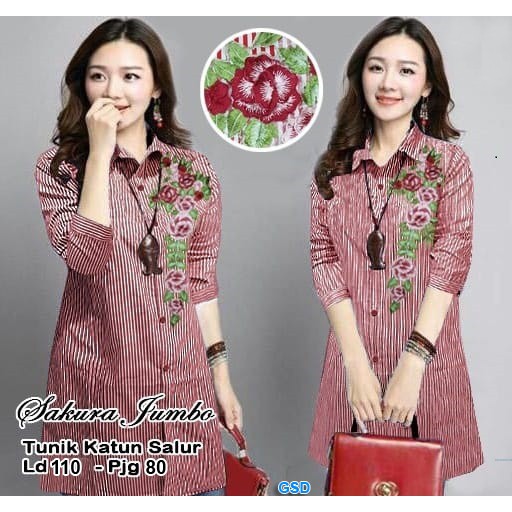 Tunik Salur Sakura /Baju Wanita Best Seller/ Pakaian Atasan Cewek/Tunik Muslim Motif Salur Sakura