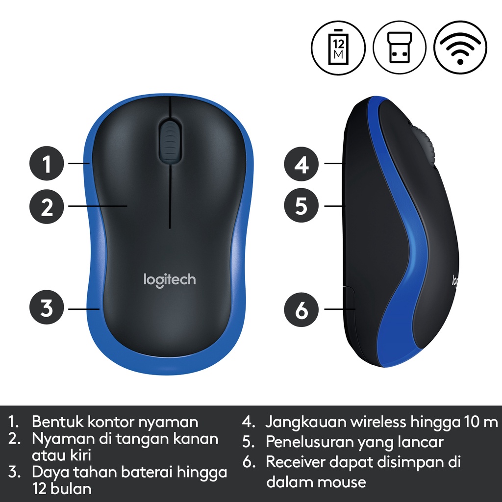 Logitech M185 Mouse Wireless Compact untuk Windows, Mac, ChromeOS